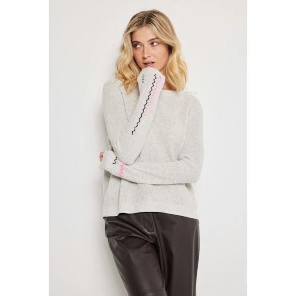 Lisa Todd Grey Cotton Knit Sweater Embroidered Sleeve Detail Size Medium